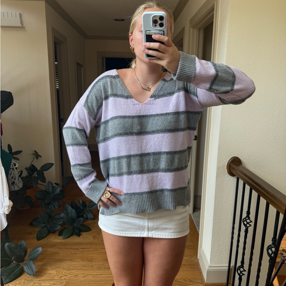 Embossed light purple and gray striped knit sweater